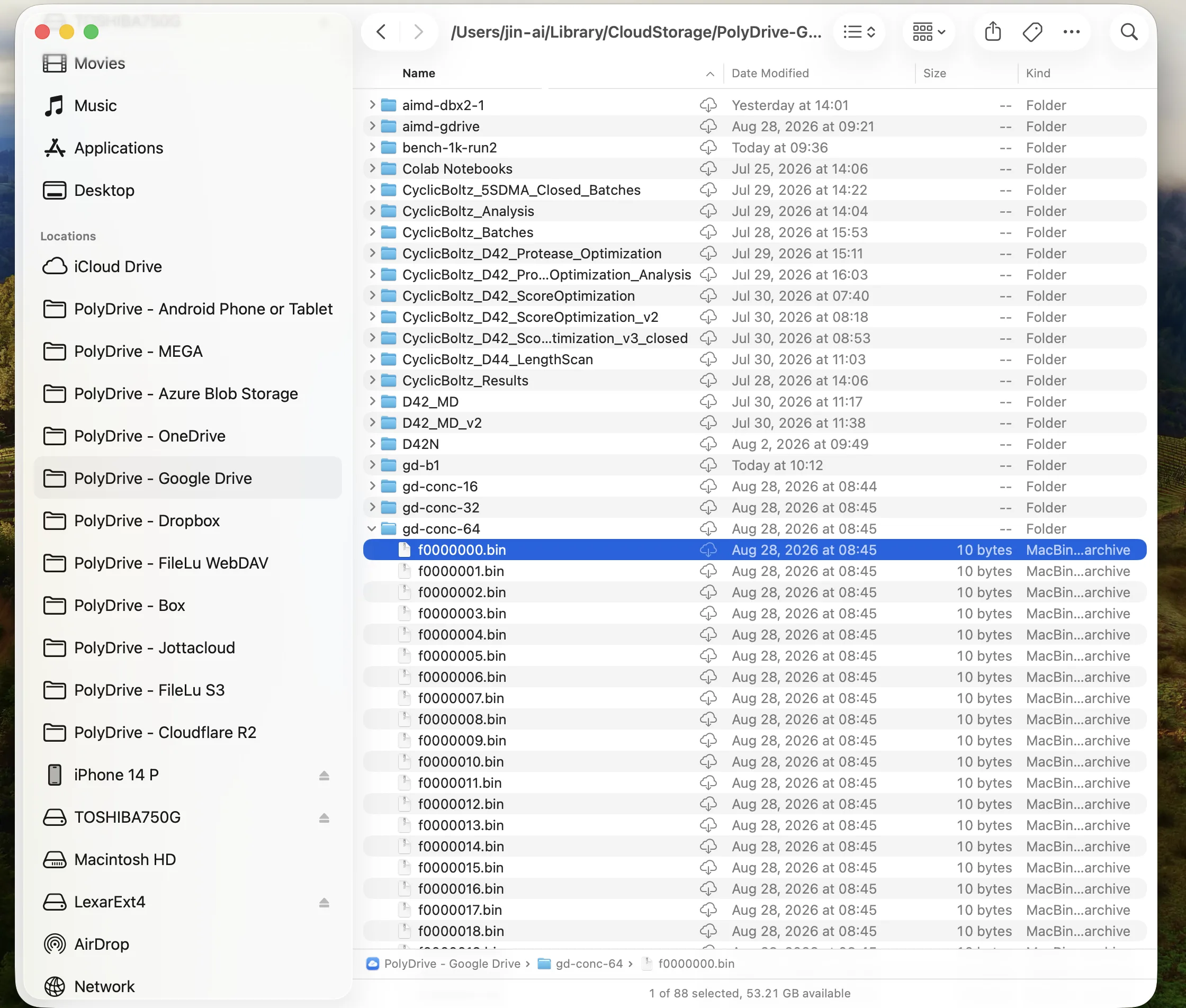 Finder sidebar showing ten PolyDrive locations alongside iCloud Drive — including MEGA, Box and Jottacloud — with a Google Drive folder open in the file list